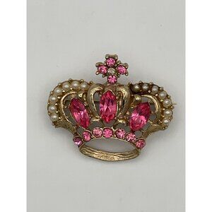 Vintage Crown Pin Brooch Gold Tone Pink Clear Rhinestones Faux Seed Pearls 1.25"